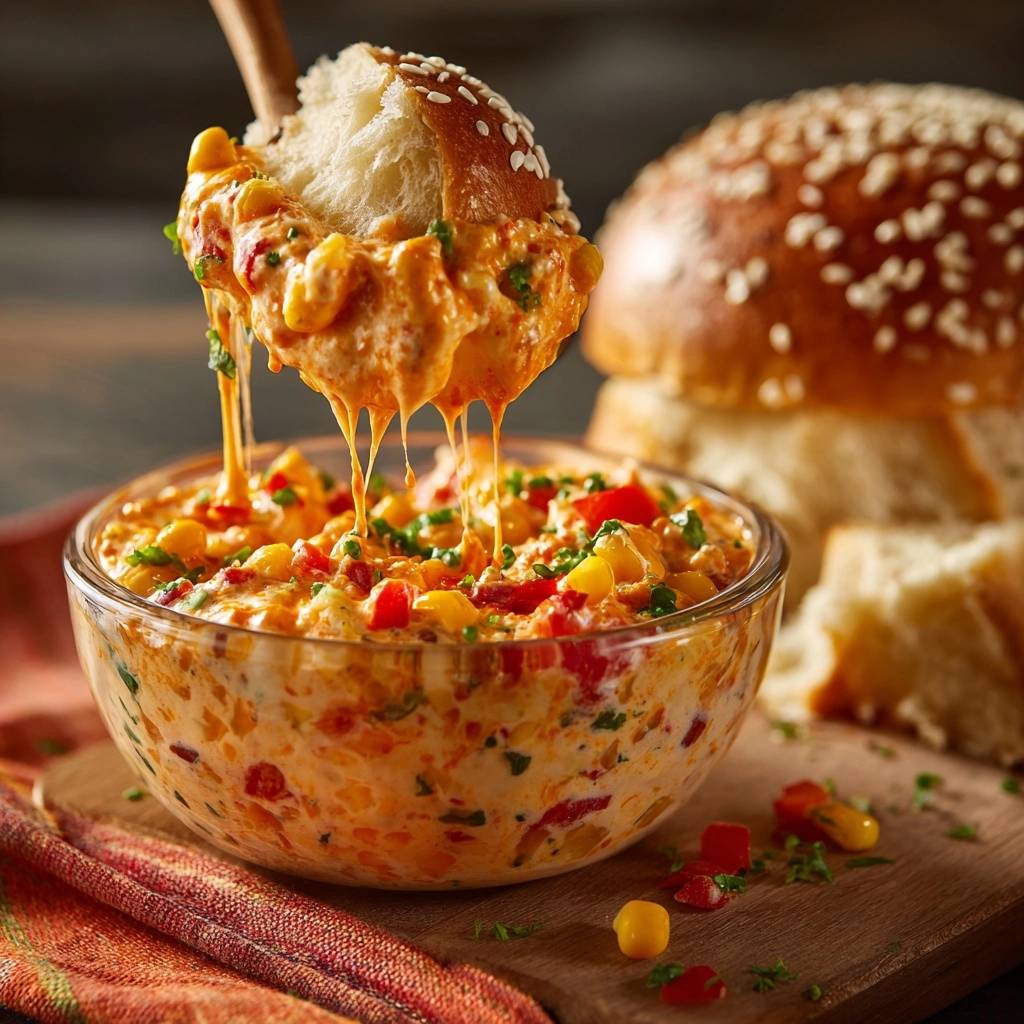 Cheesy corn dip with pretzel bun being dipped, showing gooey cheese pulls.