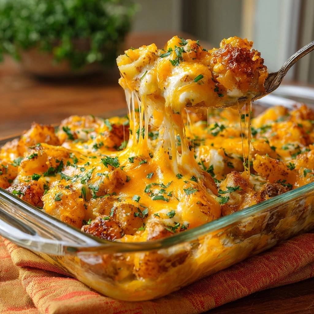 Cheesy green chile chorizo potatoes with a spoonful of melted cheese being lifted from the baking dish.