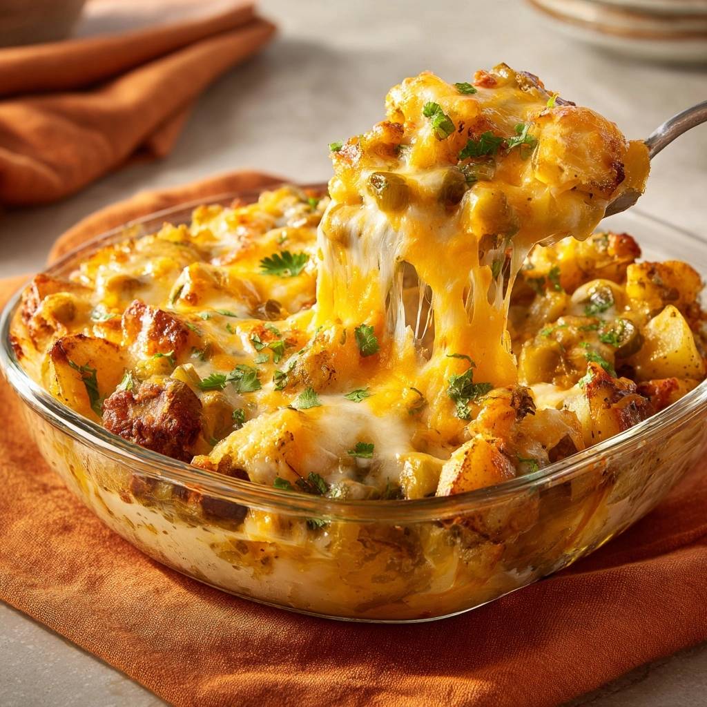 Cheesy green chile chorizo potatoes with a big stretchy cheese pull being lifted from the baking dish.