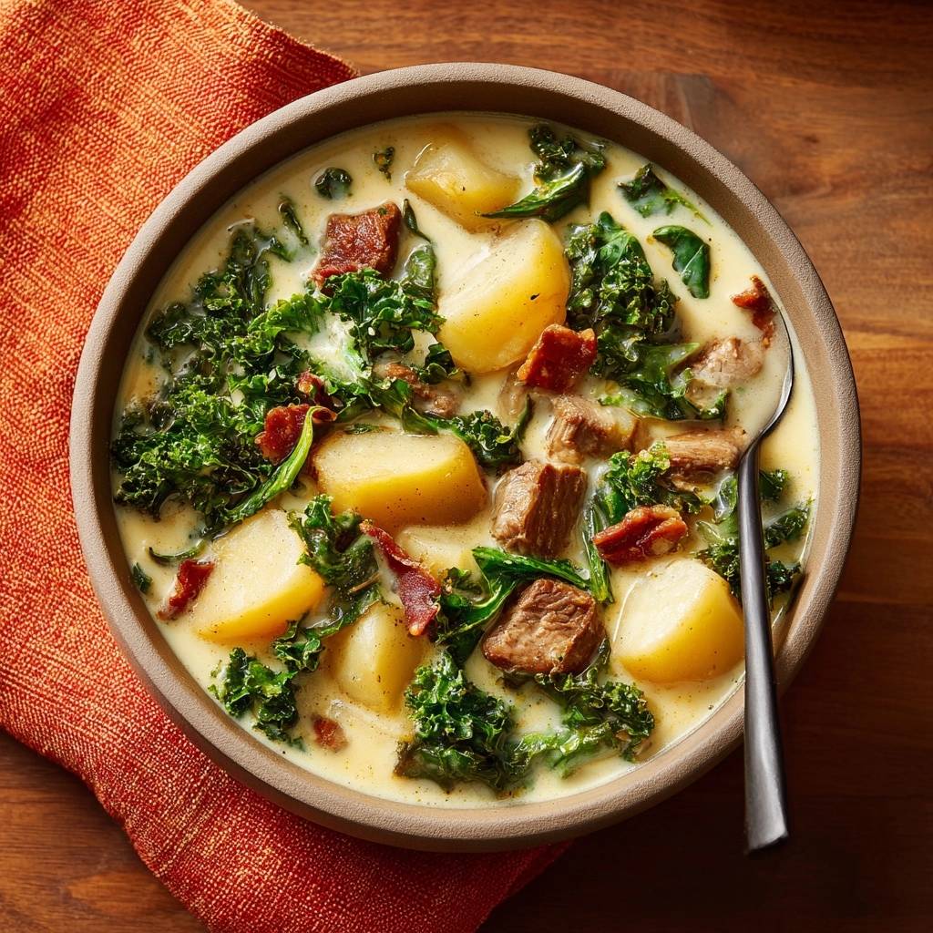Cheesy kale potato beef soup shown in an overhead bowl view with visible chunks of beef, potatoes, and kale.