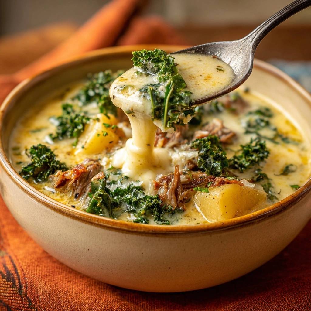Cheesy kale potato beef soup with a spoonful showing a creamy cheese pull from the hearty stew.