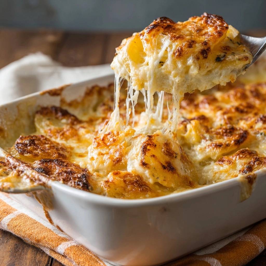 Cheesy potatoes au gratin with a generous cheese pull being lifted from the baking dish.