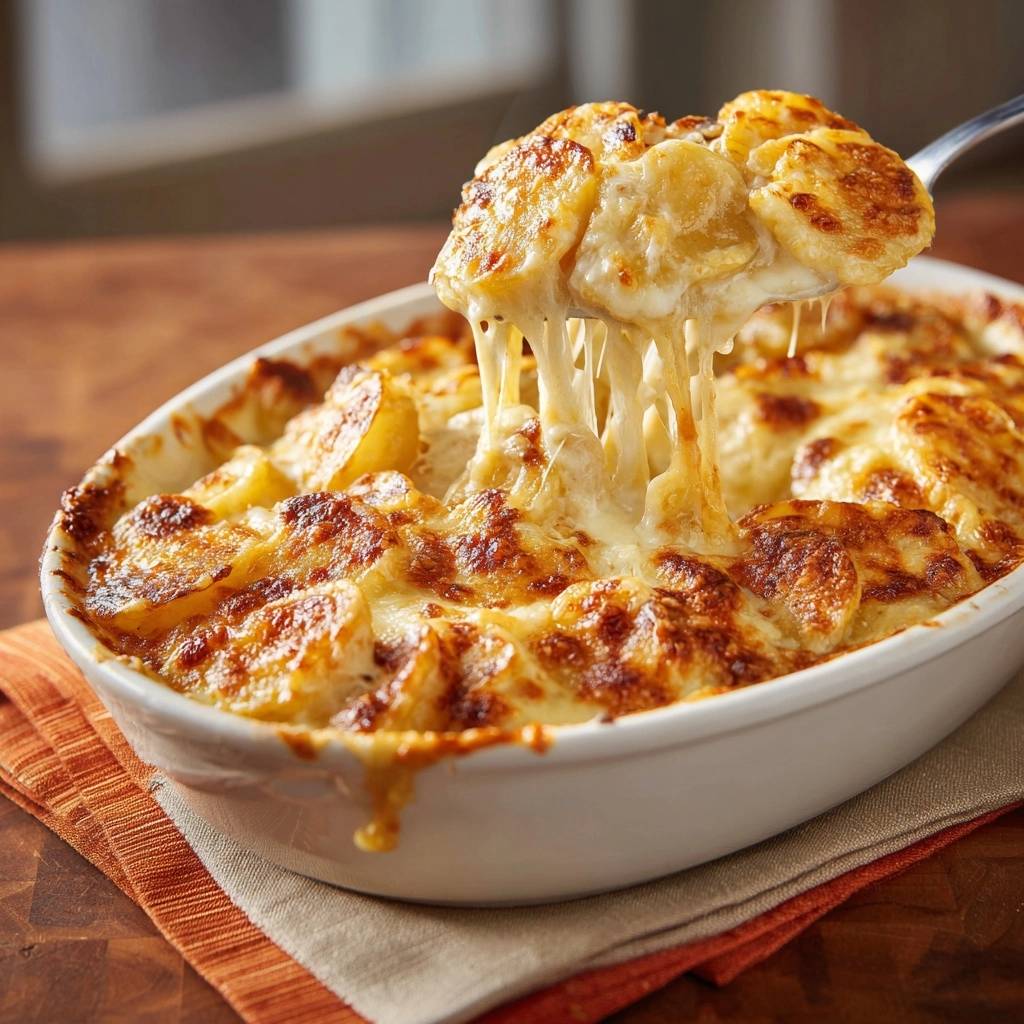 Cheesy Potatoes Au Gratin with a dramatic cheese pull, showcasing the melted cheese stretching from the serving spoon.