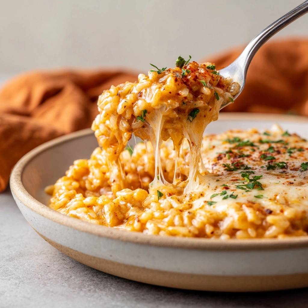 Cheesy pull-apart risotto shown on a fork with strings of melted cheese, highlighting its creamy texture.