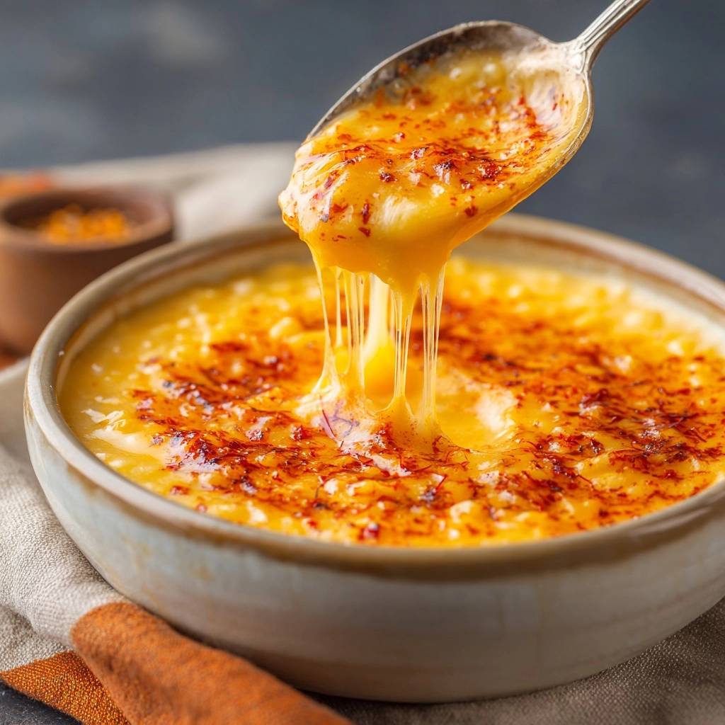 Cheesy pull-apart risotto shown with a spoonful of creamy grains and a satisfying cheese pull, topped with saffron.