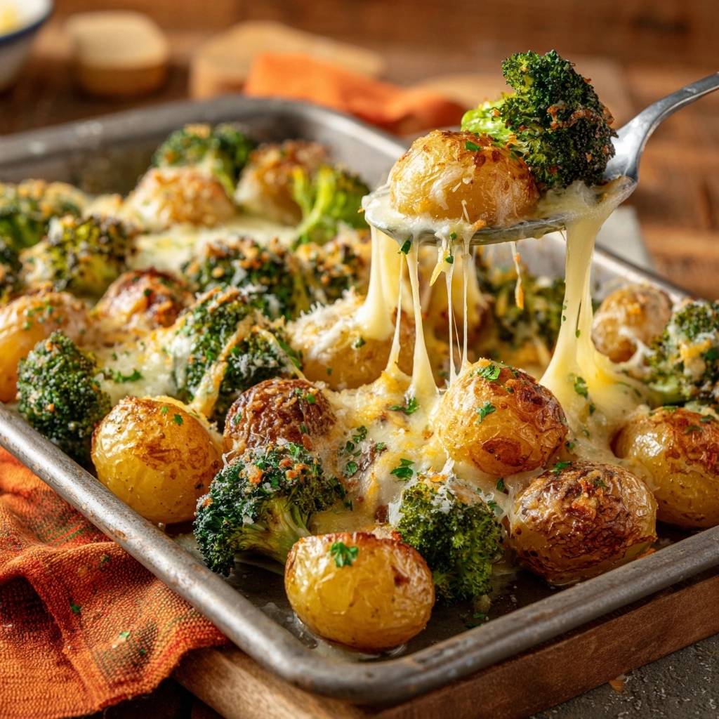 Cheesy sheet pan baby potatoes and broccoli with a dramatic melted cheese pull being lifted by a spoon.