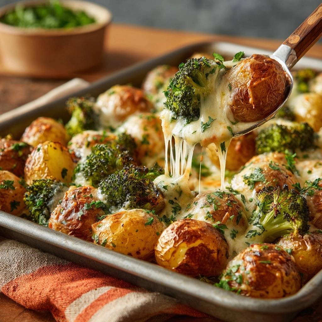Cheesy sheet pan baby potatoes and broccoli being served with a spoonful showing melted cheese stretching.