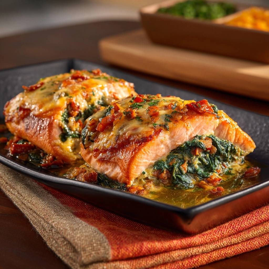 Cheesy spinach stuffed salmon showing a moist, flaky cross-section on a black plate.