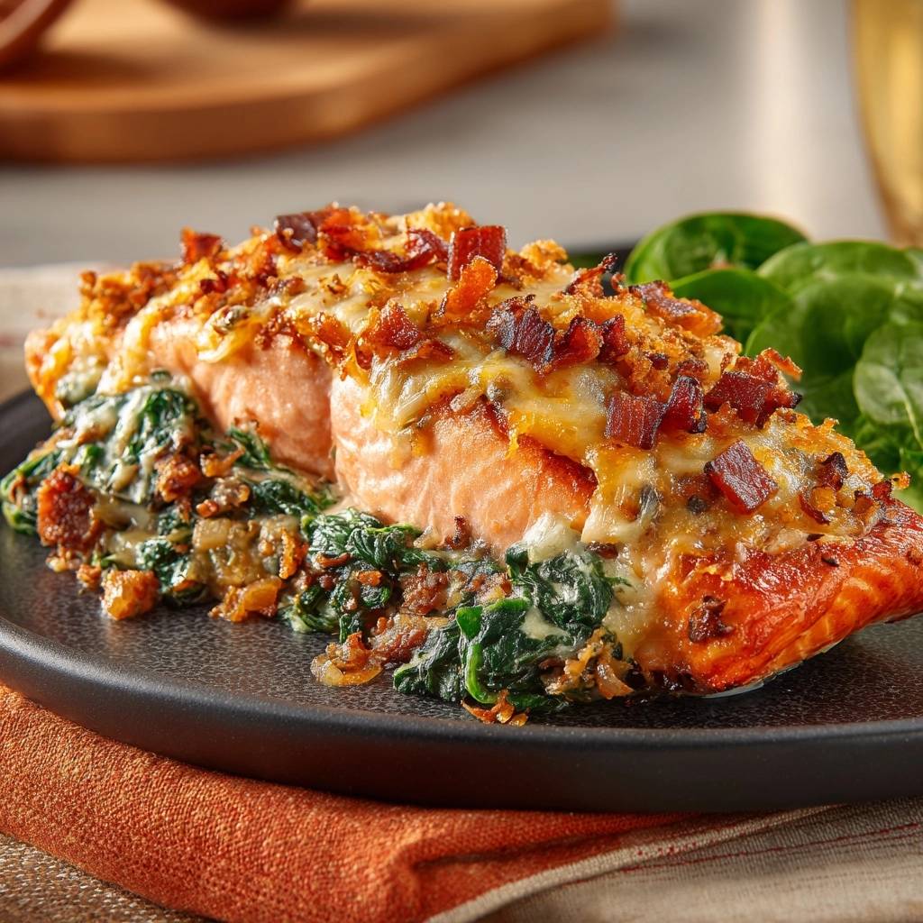 Cheesy spinach stuffed salmon plated with a close-up view showing the flaky texture and melted cheese topping.