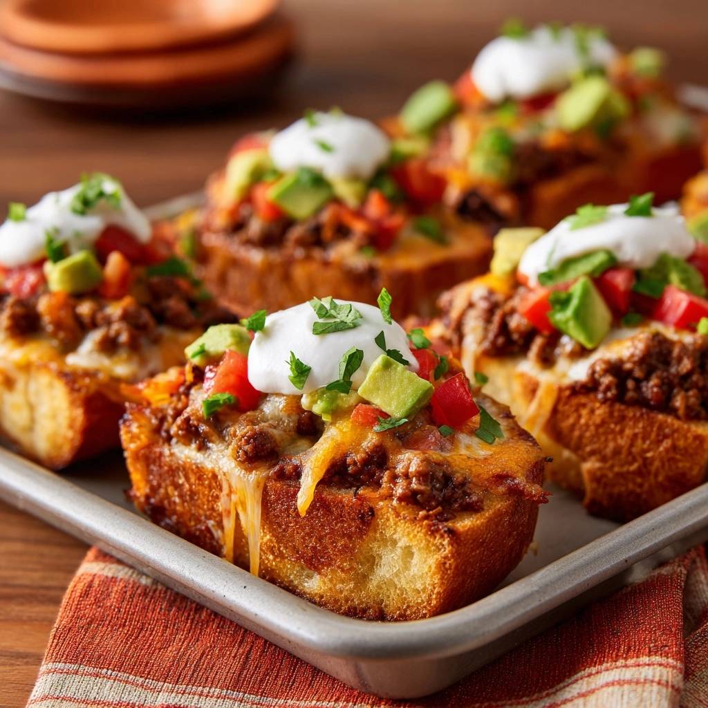 Cheesy taco beef bread boats shown in a close-up view, with melted cheese oozing over the toasted bread.