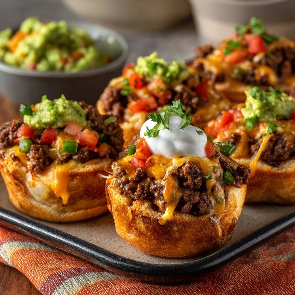 Cheesy taco beef bread boats garnished with sour cream and parsley, shown in a close-up view.