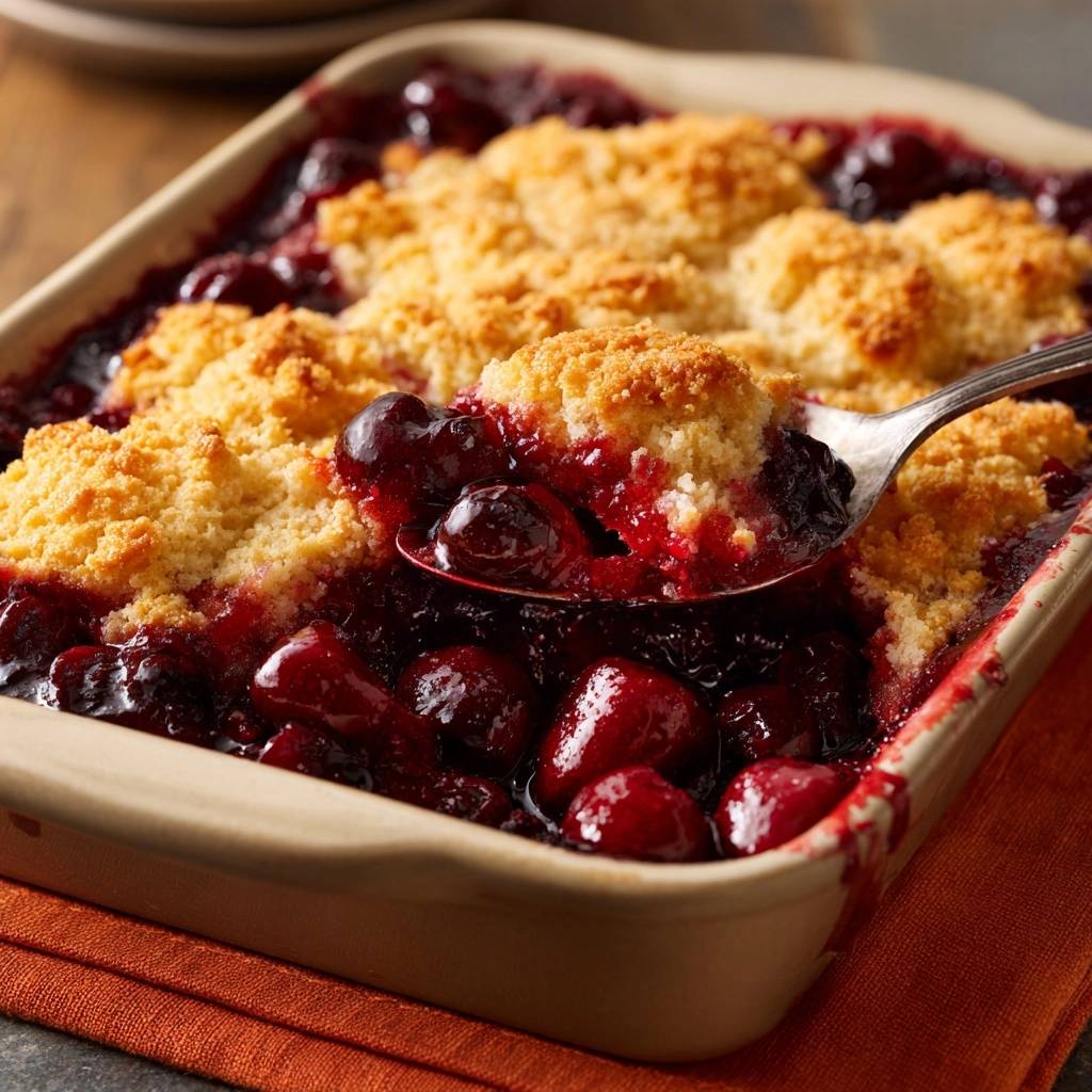 Perfect cherry cobbler with a spoonful of warm fruit and crisp topping being lifted from the baking dish.