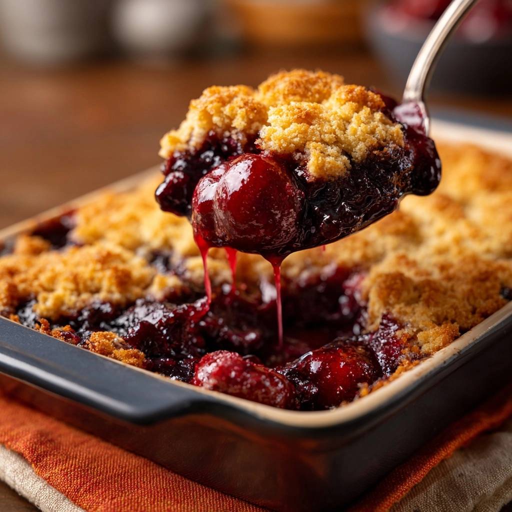 Perfect cherry cobbler with a spoonful of crisp topping and dripping cherry filling being lifted from the dish.