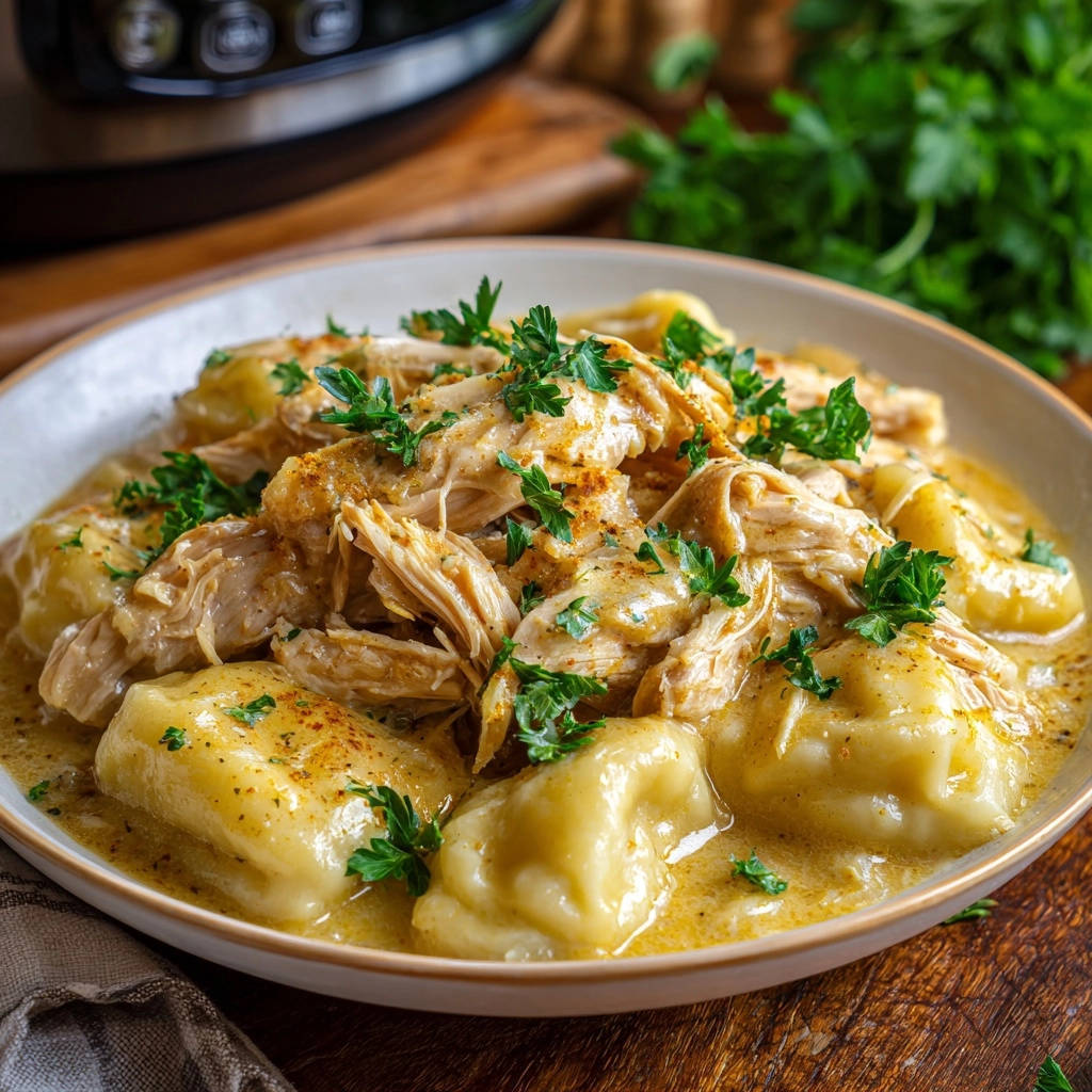 Classic creamy chicken and dumplings served in a bowl, generously topped with shredded chicken and fresh parsley garnish.