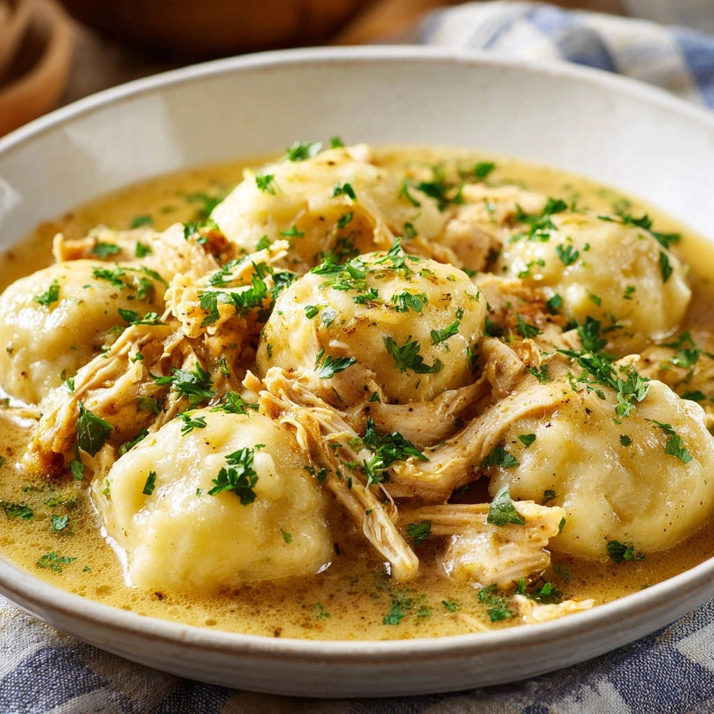 Classic creamy chicken and dumplings with fluffy dumplings and parsley garnish, served in a bowl.