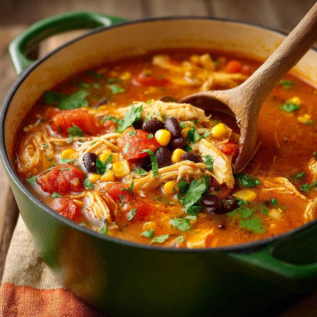 Chicken black bean corn soup scooped with a wooden spoon from a green pot, showcasing shredded chicken, tomatoes, and corn.