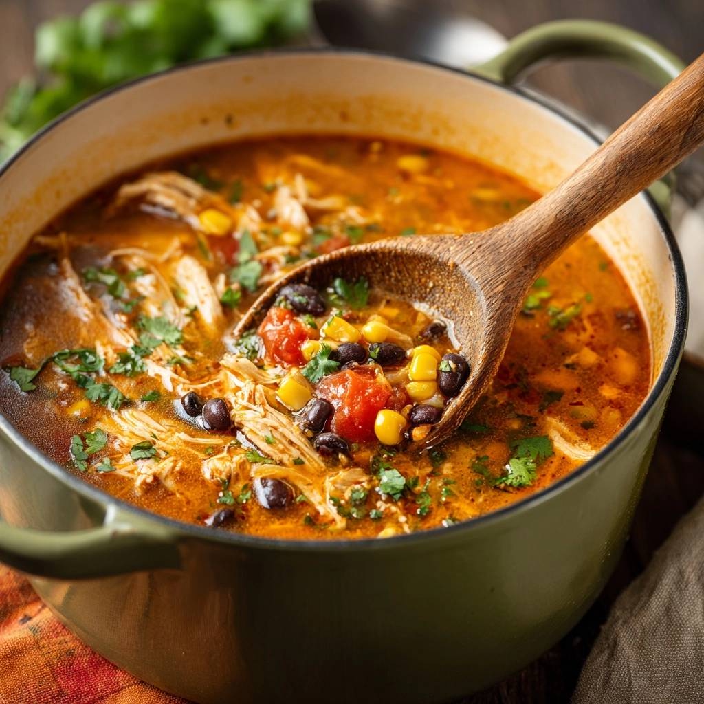 Chicken black bean corn soup served in a pot, with a wooden spoon lifting a spoonful highlighting the ingredients.