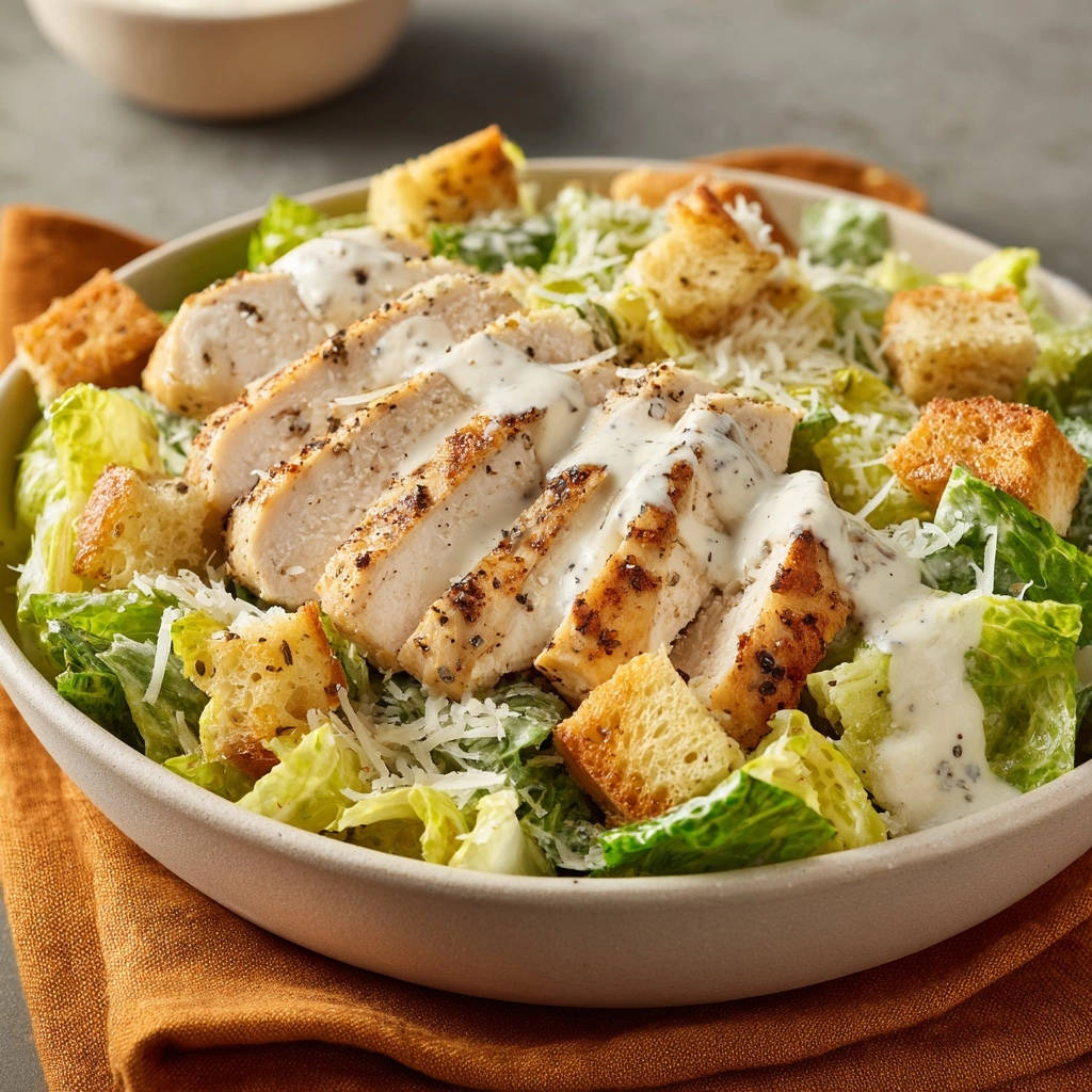 Classic Chicken Caesar Salad with sliced grilled chicken, croutons, and dressing, presented in a close-up overhead view.