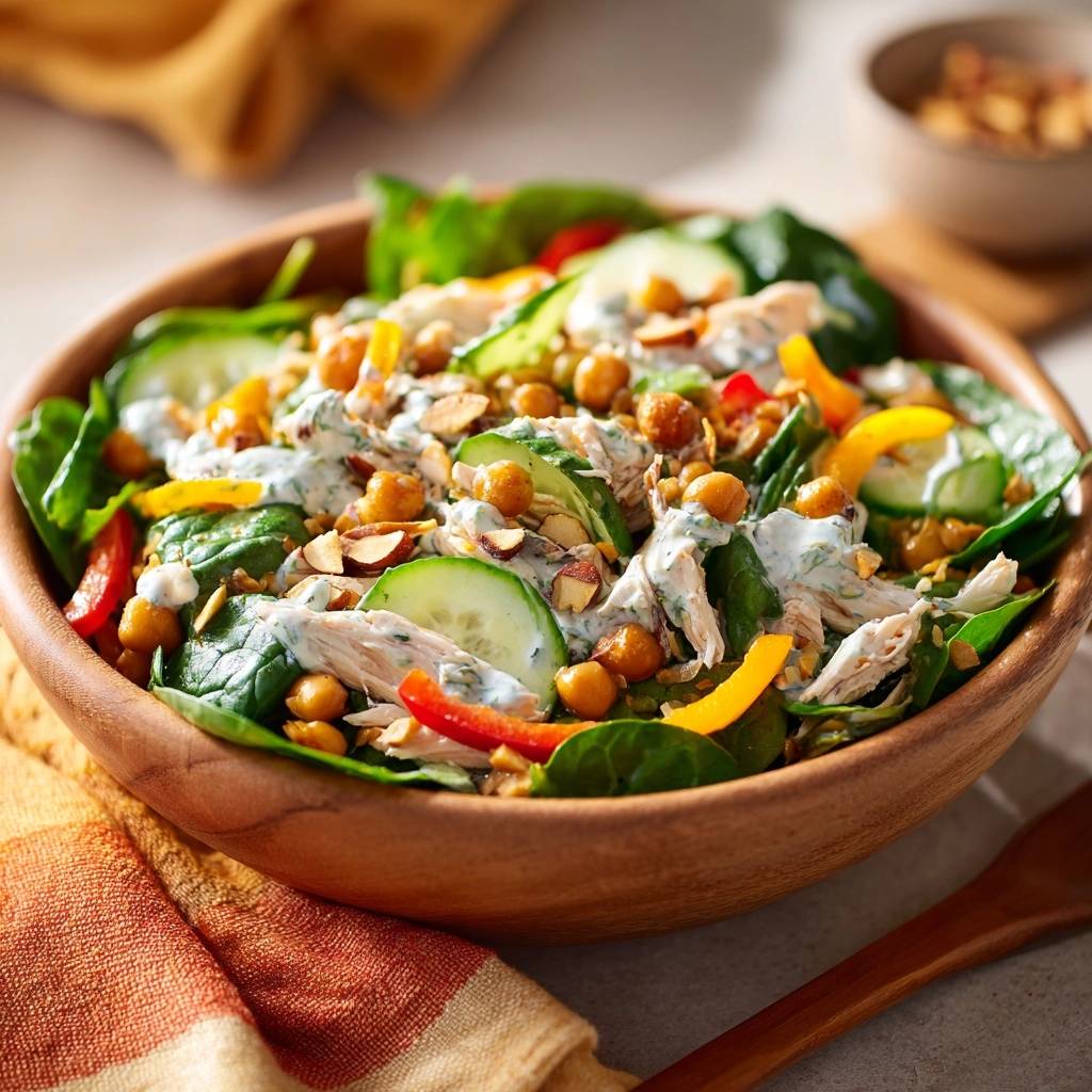 Juicy chicken chickpea spinach salad in a wooden bowl, featuring a close-up view of the fresh ingredients and creamy dressing.
