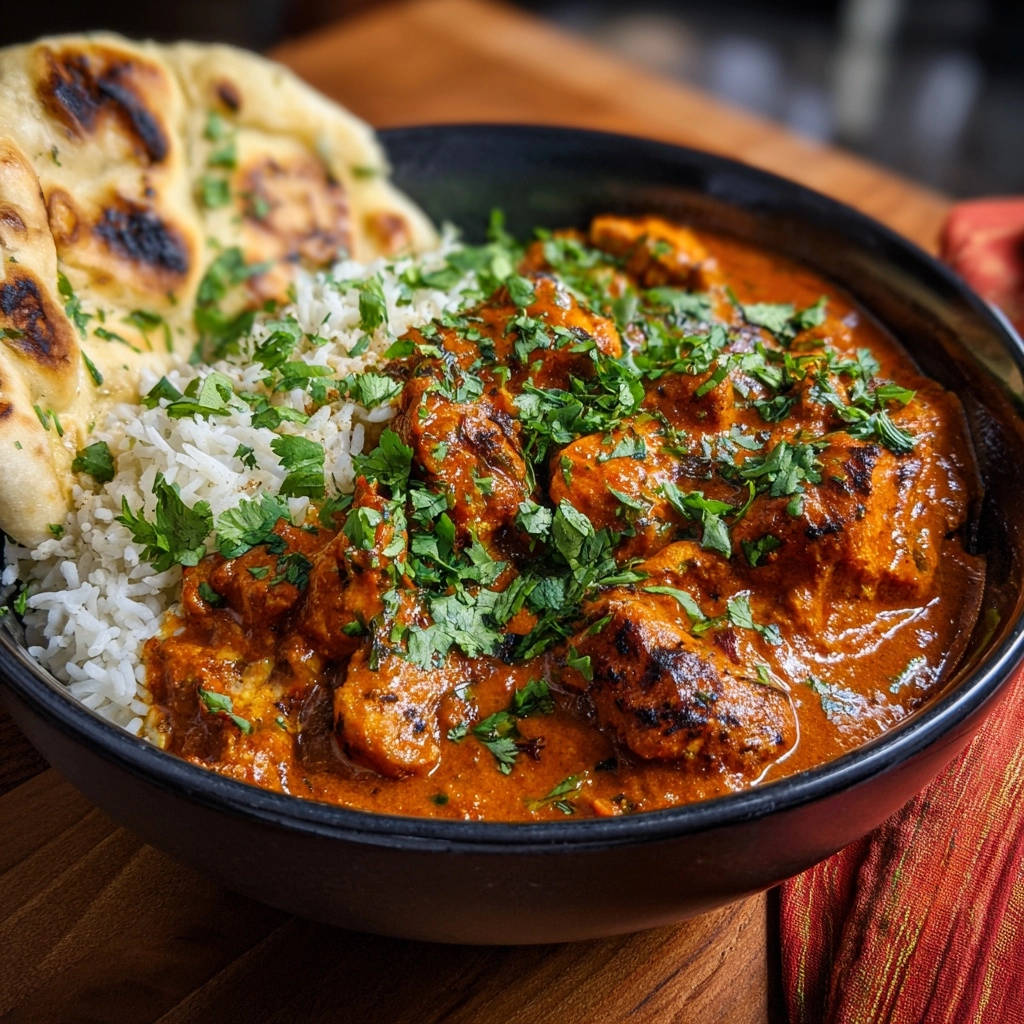 Restaurant-style chicken curry served with fluffy rice and naan, garnished with fresh cilantro.
