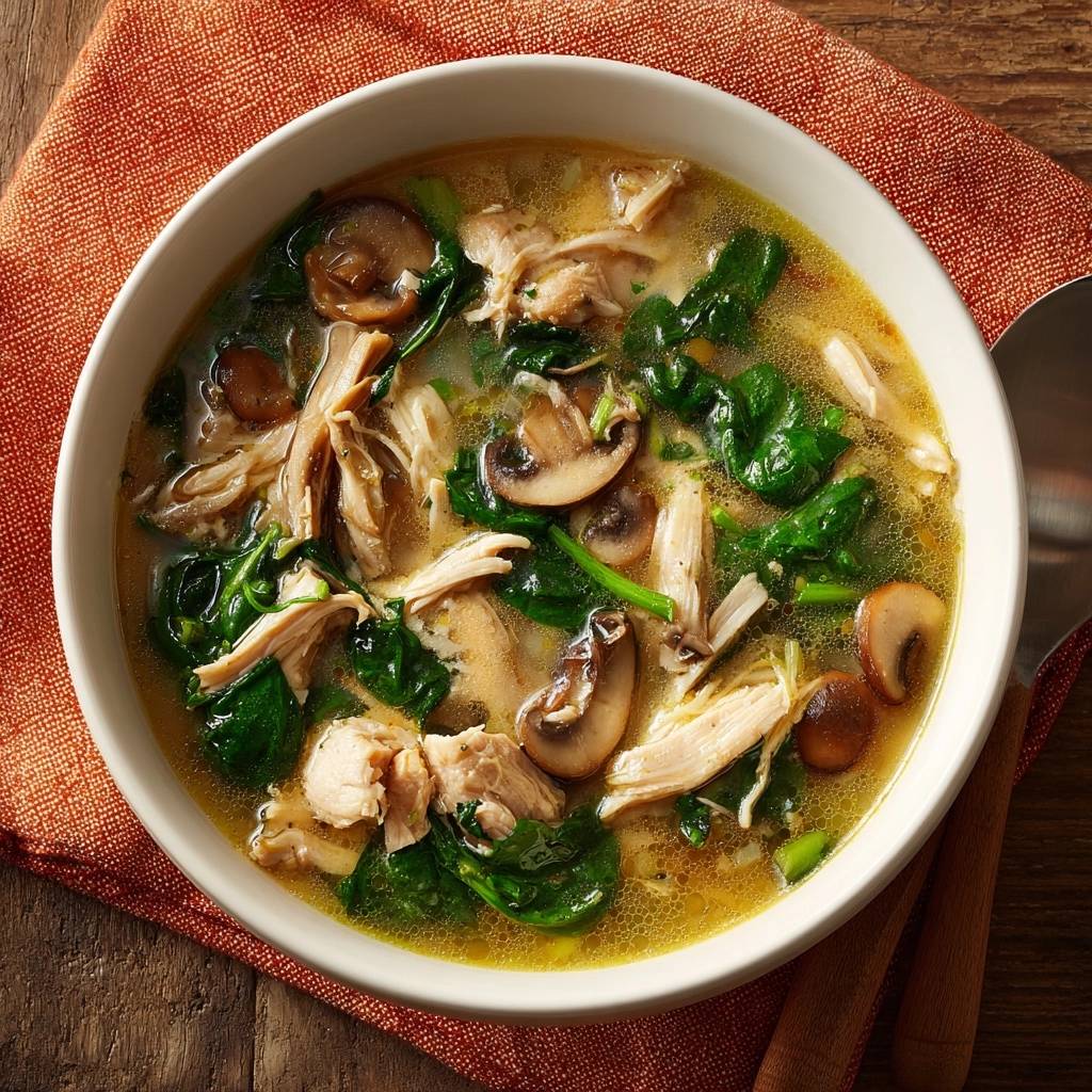 Chicken mushroom spinach soup in a white bowl, showing shredded chicken, sliced mushrooms, and wilted spinach from an overhead view.