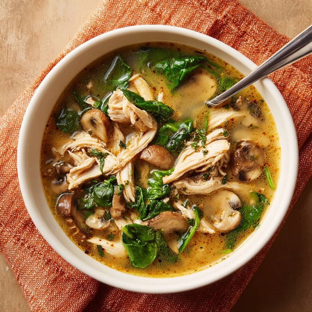 Chicken mushroom spinach soup in a white bowl, a close-up overhead view showcasing the shredded chicken and leafy greens.