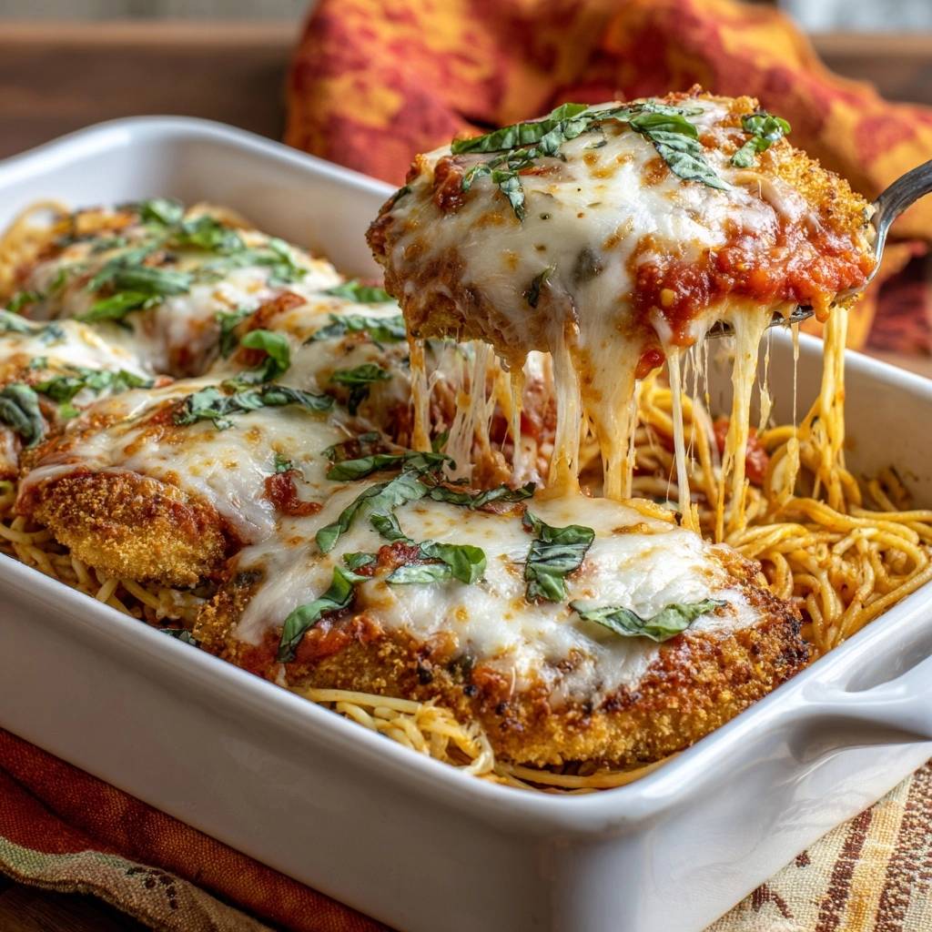 Chicken Parmesan Pasta Bake with a generous cheesy pull as a serving is lifted from the dish.