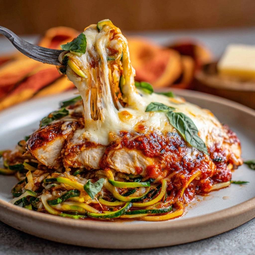 Chicken Parmesan with Zucchini Noodles, a fork pulling up cheesy pasta and chicken covered in marinara sauce.
