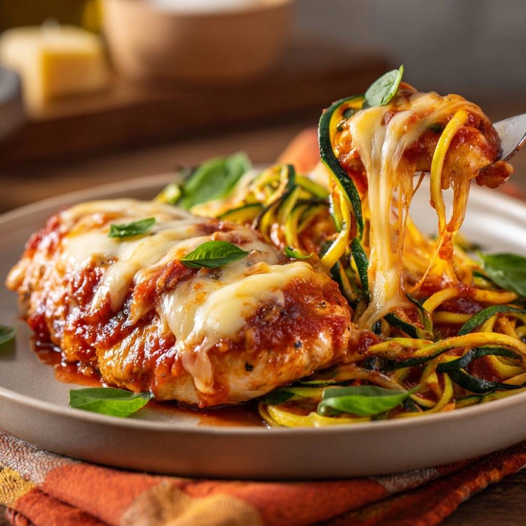 Chicken Parmesan with Zucchini Noodles, with a forkful of cheesy noodles being lifted, showing melted mozzarella.