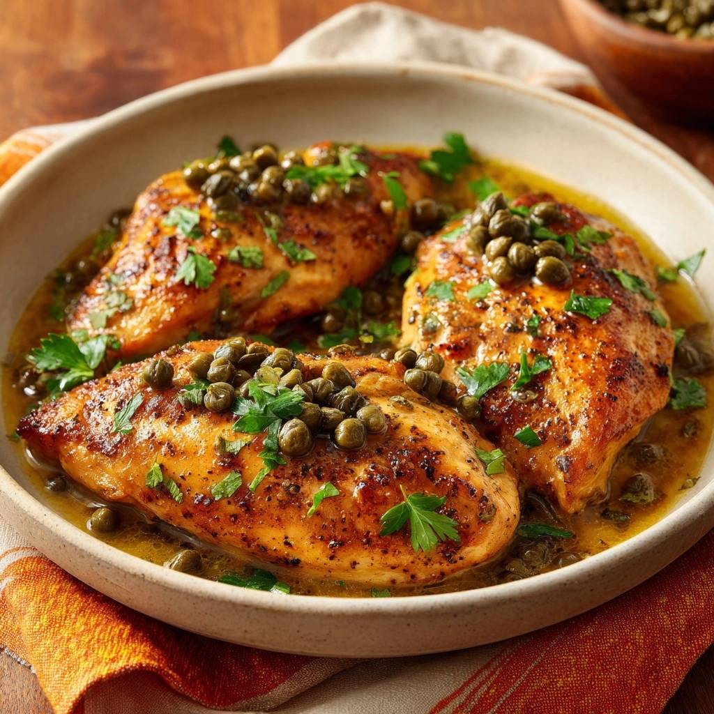 Chicken piccata featuring juicy tender cutlets bathed in a bright lemon caper sauce and garnished with fresh parsley.