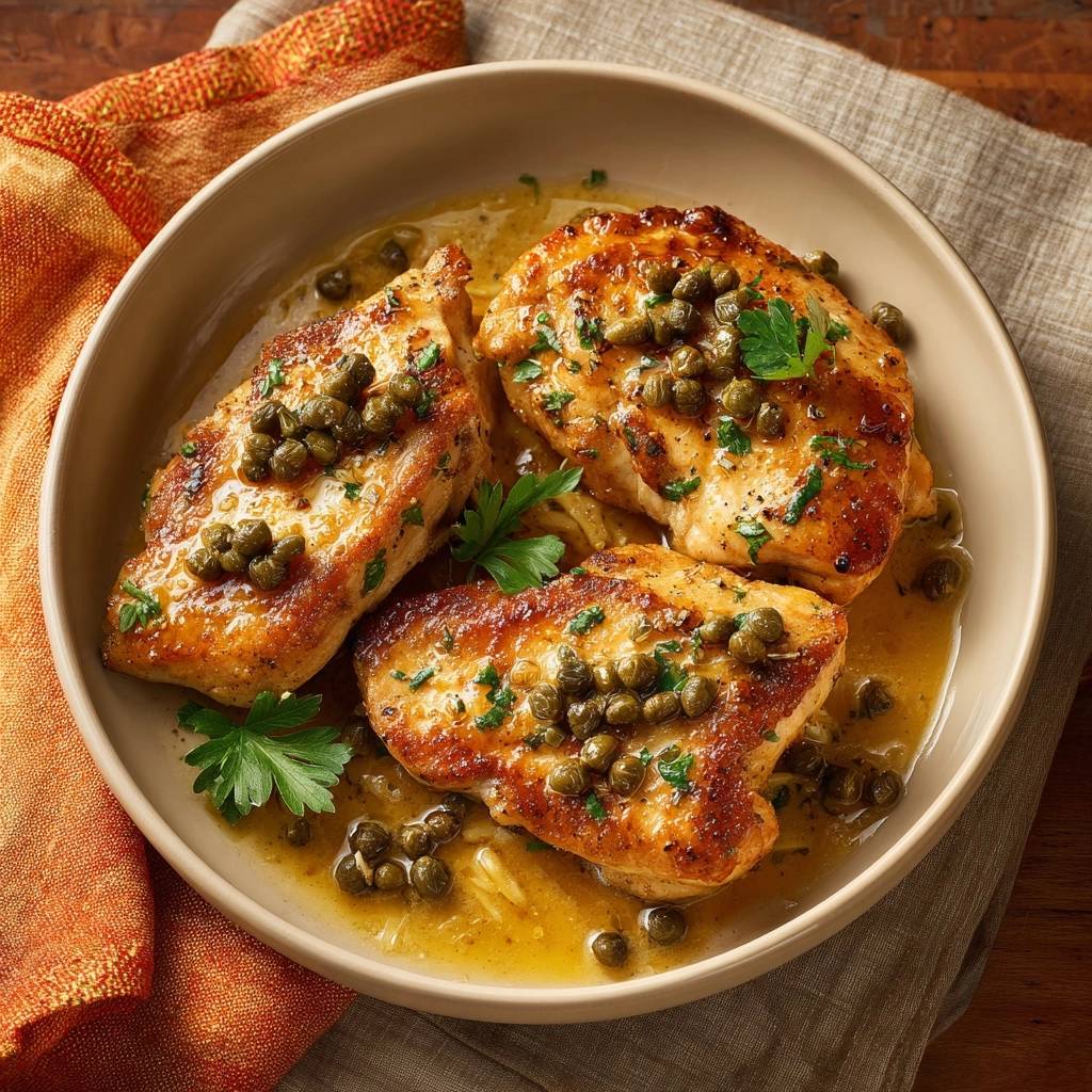 Chicken Piccata: juicy tender cutlets with lemon caper sauce, served in a bowl and garnished with parsley.