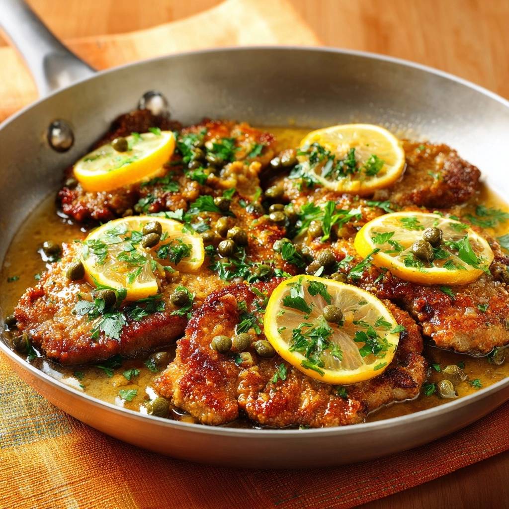 Chicken piccata in a pan, garnished with lemon slices and capers, showing the savory sauce.