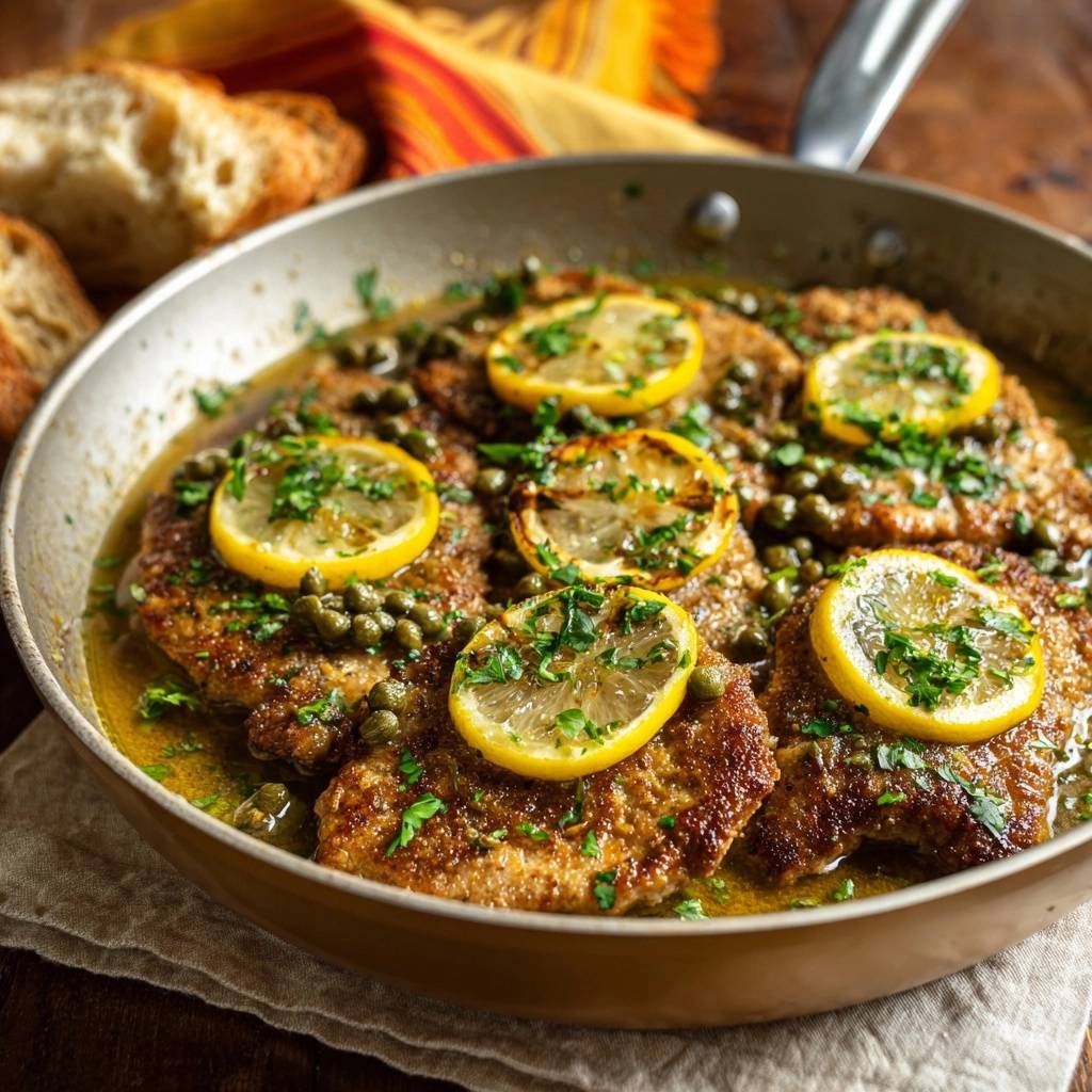 Chicken piccata with lasting crispy coating served in a pan with lemon slices and capers.