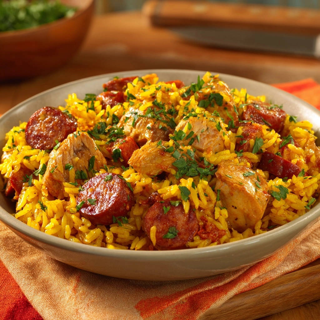 Savory chicken and yellow rice skillet served in a close-up view of a bowl, garnished with parsley.