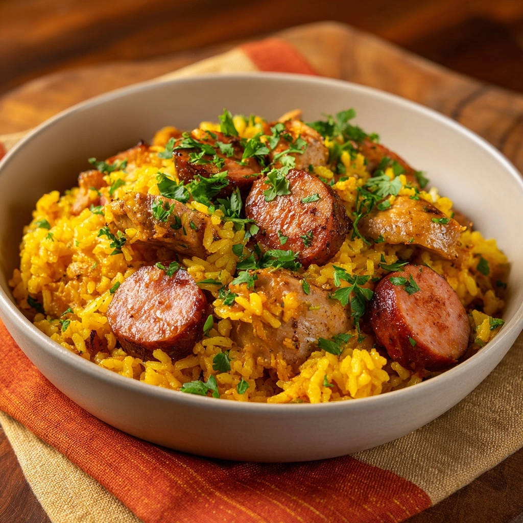 Savory chicken and yellow rice skillet close-up, featuring slices of browned sausage and fresh parsley garnish.