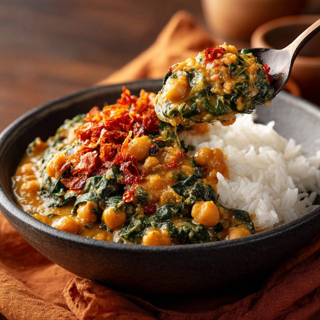 30-Minute Chickpea and Spinach Curry served with rice, shown with a spoonful lifted to reveal texture.