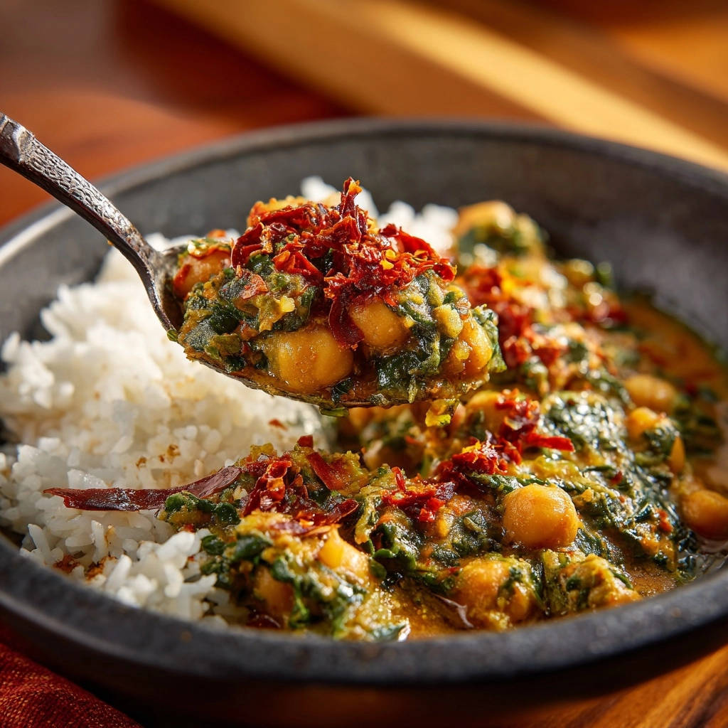 30-minute chickpea and spinach curry shown as a spoonful lifted over white rice, garnished with red chili flakes.