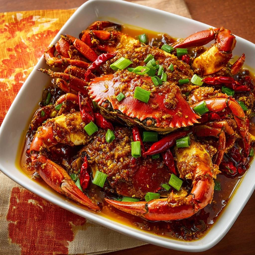 Chili crab with a thick, savory sauce and a vibrant garnish of fresh scallions and dried chilies.
