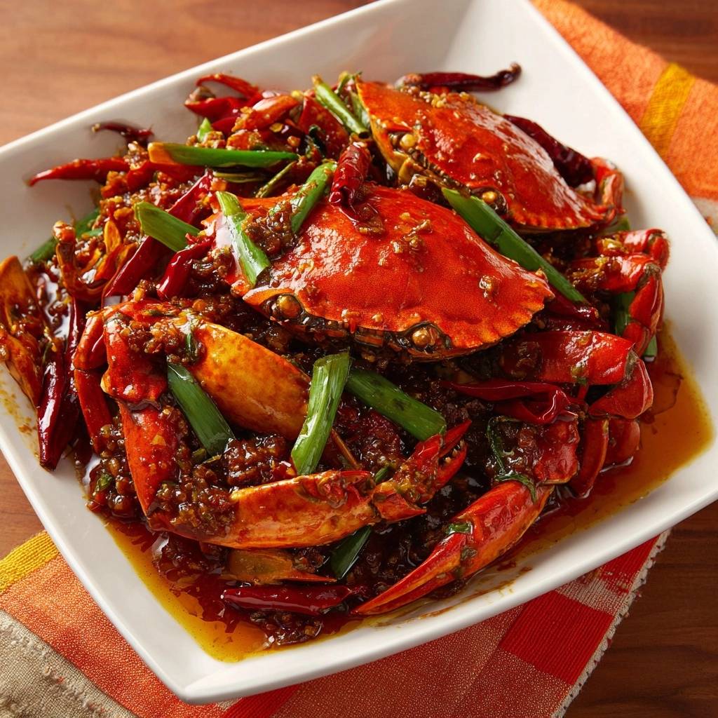 Chili crab with thick sauce, served plated with chili peppers and green onions, showcasing its vibrant colors and glossy glaze.