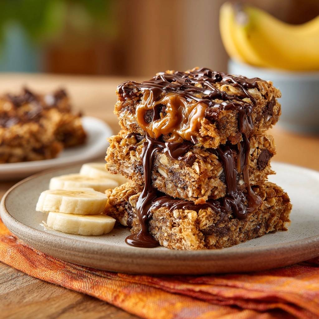 Chocolate Caramel Coconut Oat Bars stacked high and drizzled with rich chocolate and caramel sauce, served with banana slices.