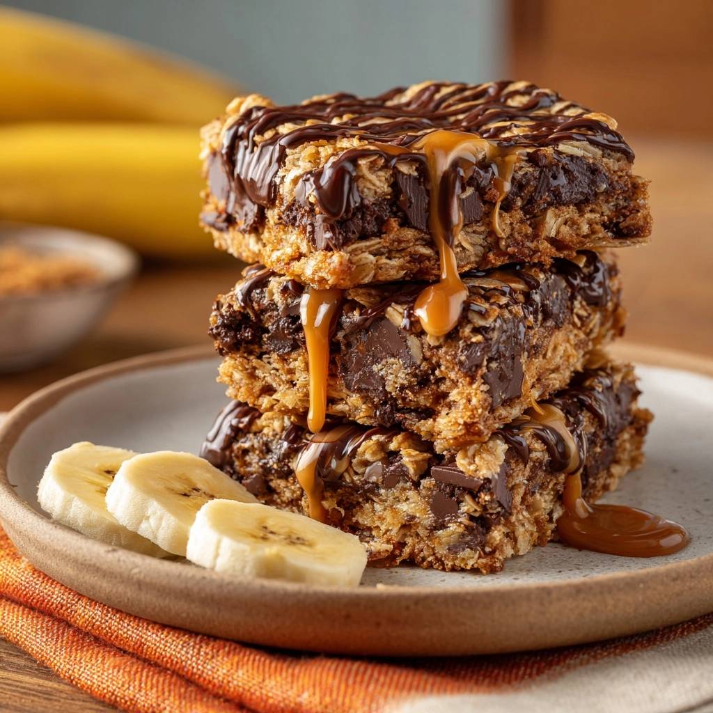 Chocolate caramel coconut oat bars stacked high and drizzled with caramel and chocolate sauce, served with banana slices.