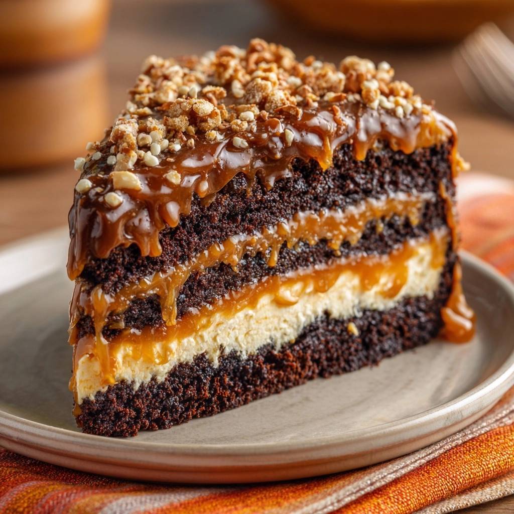 Chocolate Caramel Peanut Cake showing stable layers and rich caramel filling in a close-up slice.