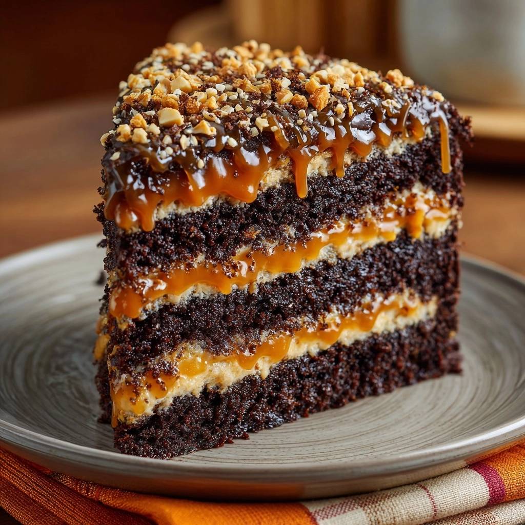 Chocolate caramel peanut cake, a rich cross-section slice revealing stable layers and generous caramel filling on a plate.