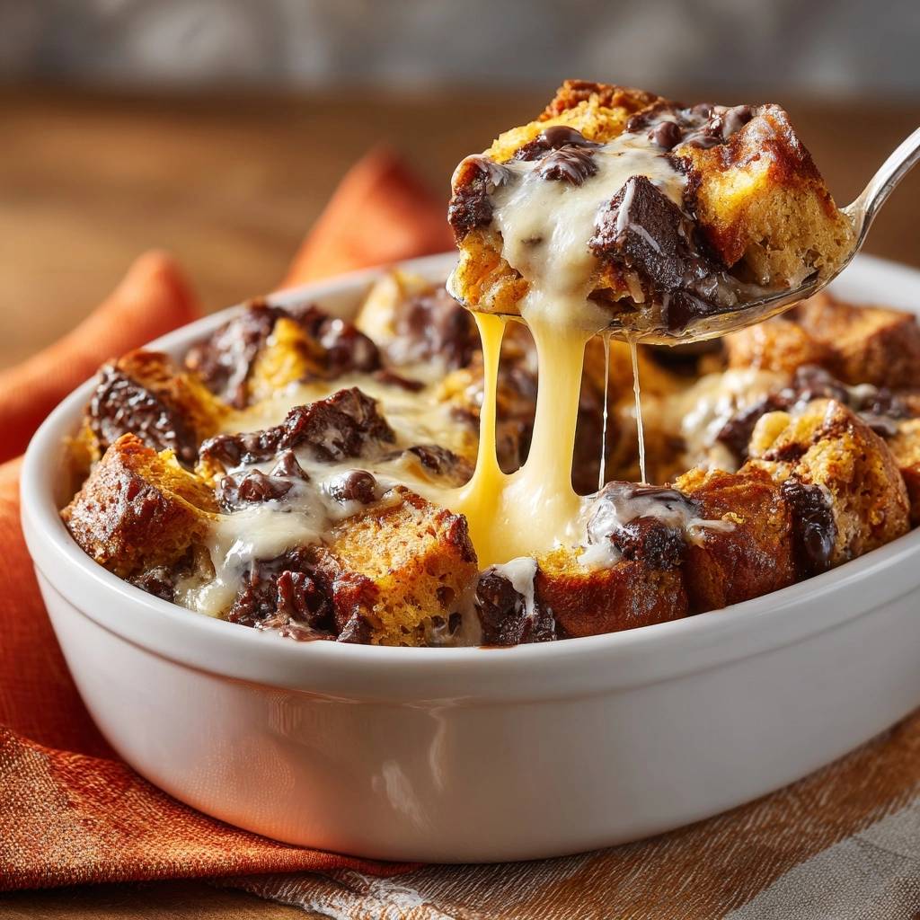 Gooey chocolate cheese bread pudding recipe with a spoon lifting a serving with melted cheese stretching.