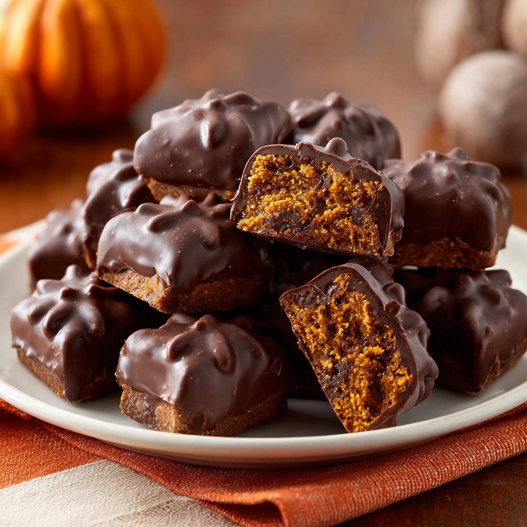 Chocolate covered pumpkin cake truffles shown in a close-up cross-section revealing the moist, spiced cake interior.