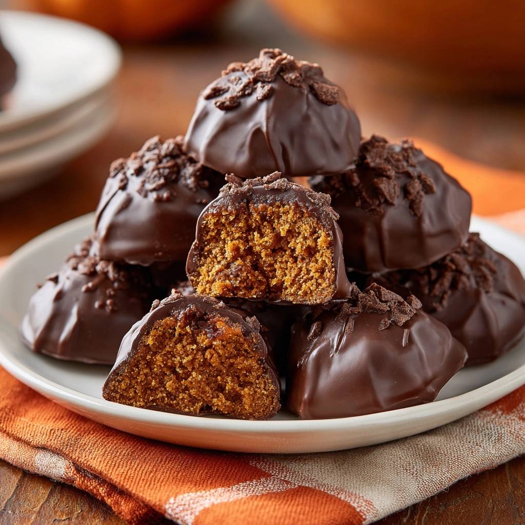 Chocolate covered pumpkin cake truffles shown in a cross-section revealing the moist interior and chocolate topping.