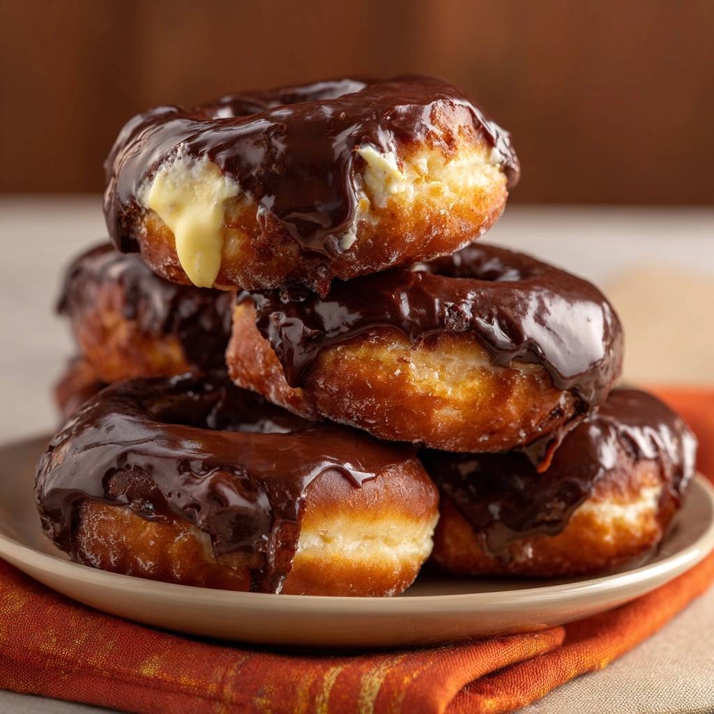 Chocolate custard donuts with a creamy filling dripping from a stack on a plate.
