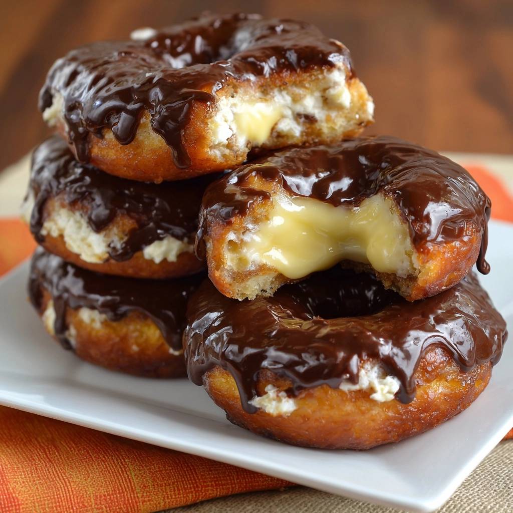 Chocolate custard donuts with a cross-section revealing the rich, creamy custard filling and glossy chocolate glaze.