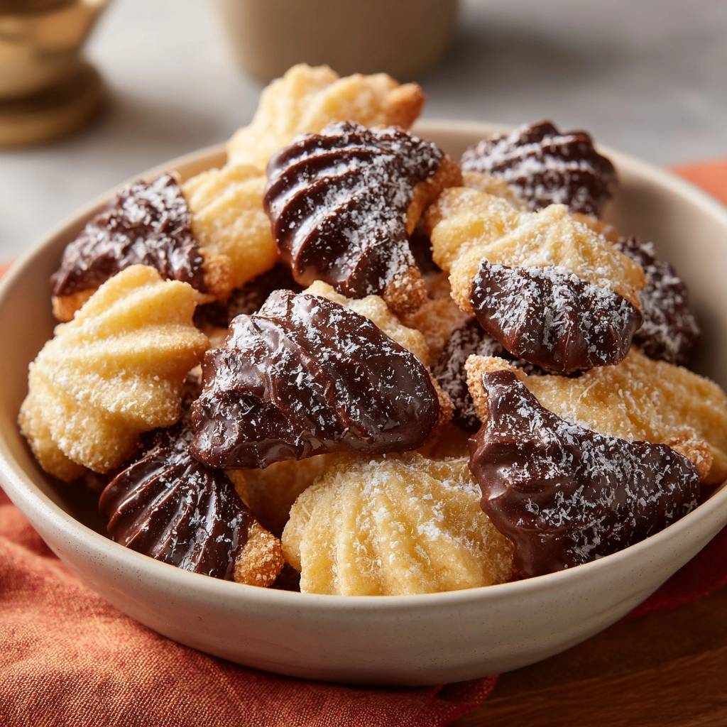 Chocolate dipped spritz cookies dusted with coconut shavings piled high in a bowl.