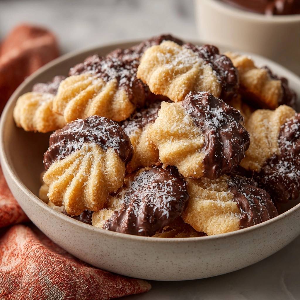 Chocolate dipped spritz cookies with shredded coconut in a bowl, a close-up detail shot.